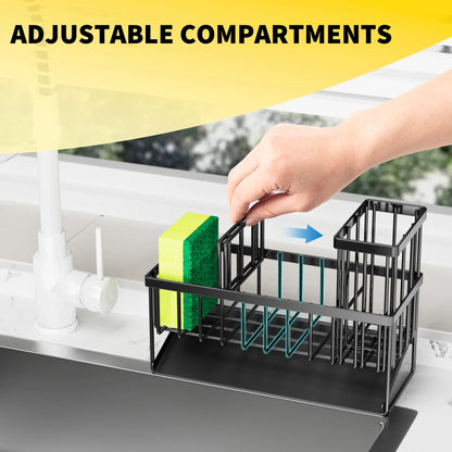 Cisily Kitchen Item Sink Caddy Kitchen Organizer, Sponge Holder for Kitchen Sink, Drain on an Incline Kitchen Sink Organizer,Rust-Resistant Metal Black Sink Caddy,Sink Caddy with Brush Holder